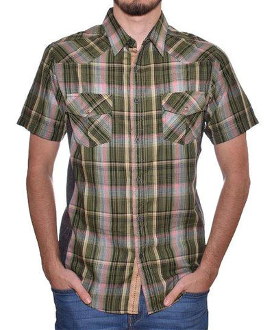 Men’s short-sleeved plaid button-up shirt in olive pink and beige with two chest pockets for versatile style