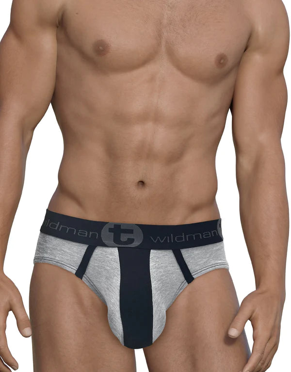 Wildmant stretch cotton men’s briefs in gray and black with a central navy panel and elastic waistband