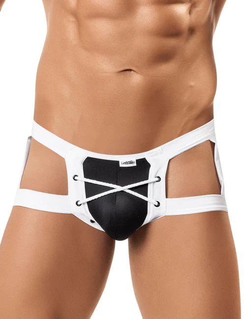 White and black CandyMan 99137 jockstrap briefs with lace-up detail and central black panel for support and style