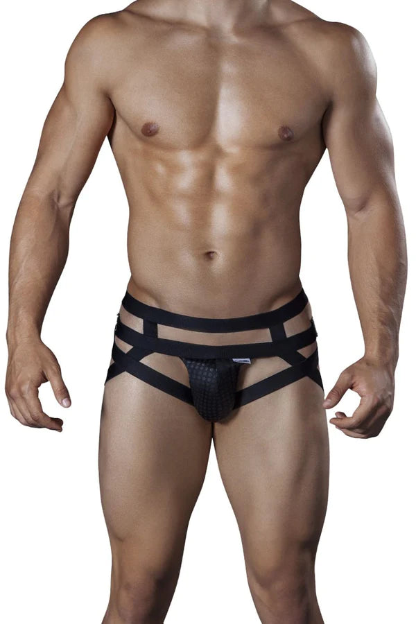 Black strappy athletic briefs with textured front panel from the candyman 99242 jockstrap collection for sporty appeal