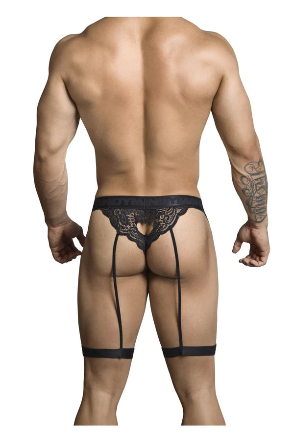 Black lace CandyMan 99310 thong with three suspenders and heart-shaped cutout at center for a racy look