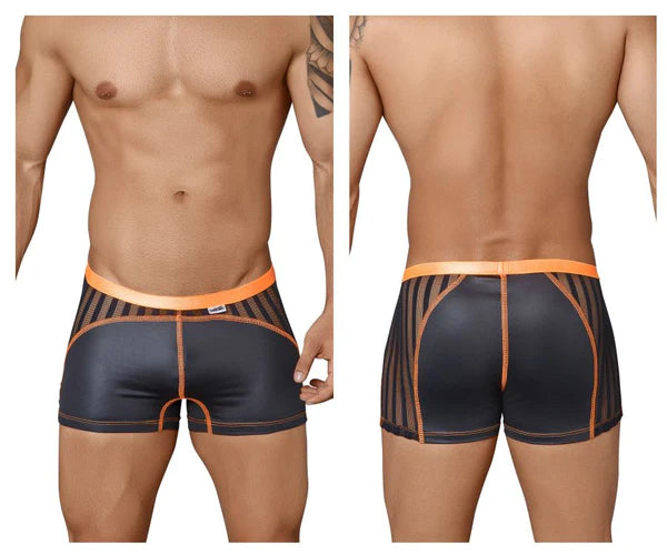 Black and orange striped men’s briefs with a sleek modern design combining style and comfort for everyday wear