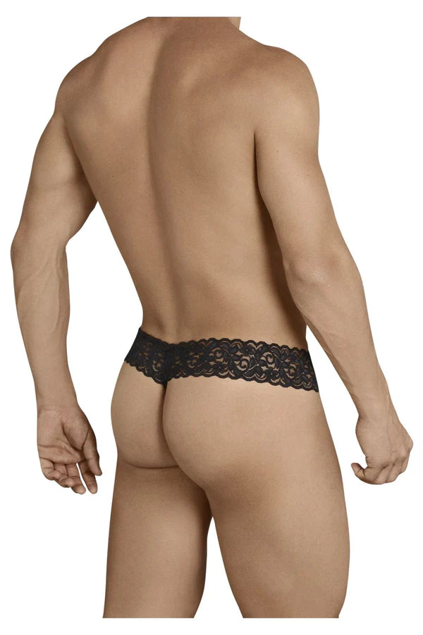 Black lace thong candyMan 99370 in black with intricate floral patterns combining style and comfort
