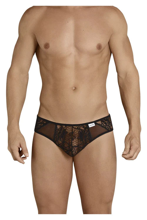 Black lace briefs with intricate pattern and sheer mesh panels featured in candyman 99385 thongs article