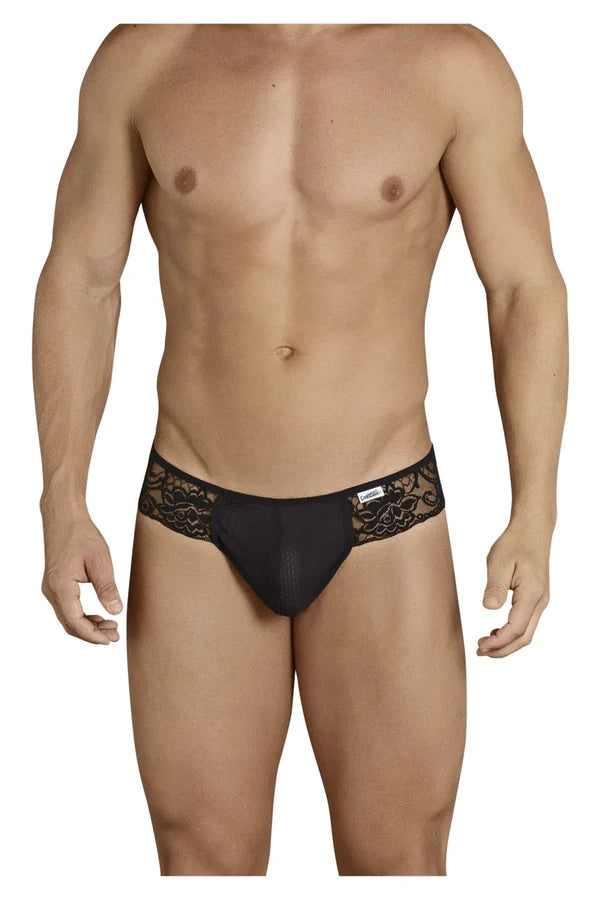 Black lace trimmed CandyMan 99392 men’s briefs with sheer mesh front and embroidered brand tag in black