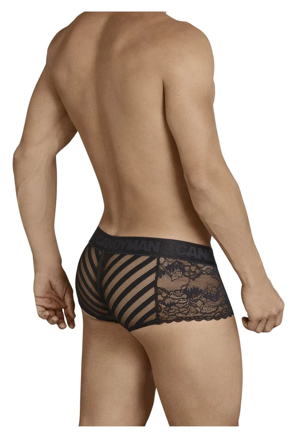 Black candyMan 99393 boxer briefs with lace-trimmed briefs, diagonal mesh panels, and branded waistband for confidence