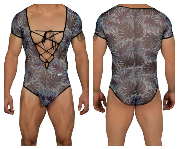 Gray tropical leaf patterned mesh men’s bodysuit with black lace-up front and trim featured in men’s fashion revolution