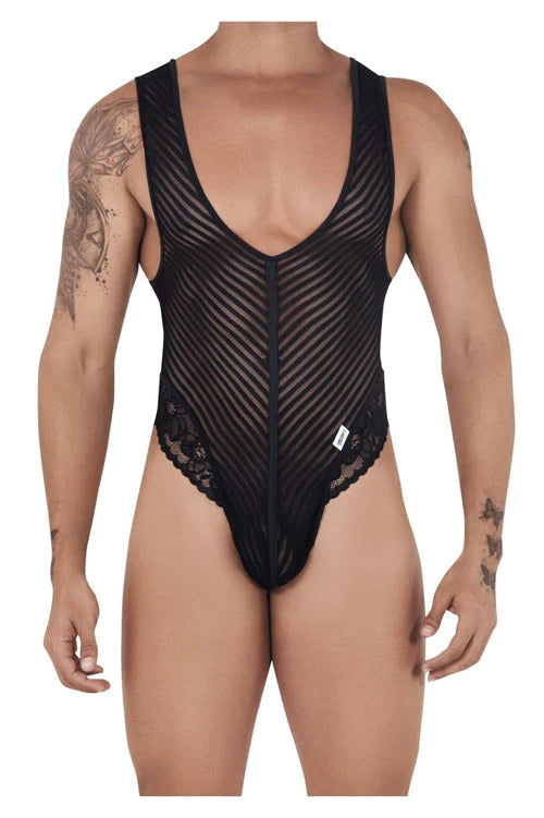 Black candyMan 99522 lace-mesh bodysuit thong with mesh fabric and lace trim featuring a diagonal pattern