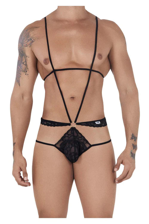 Black lace and mesh bodysuit jockstrap with thin crisscross straps across the torso from candyman 99523