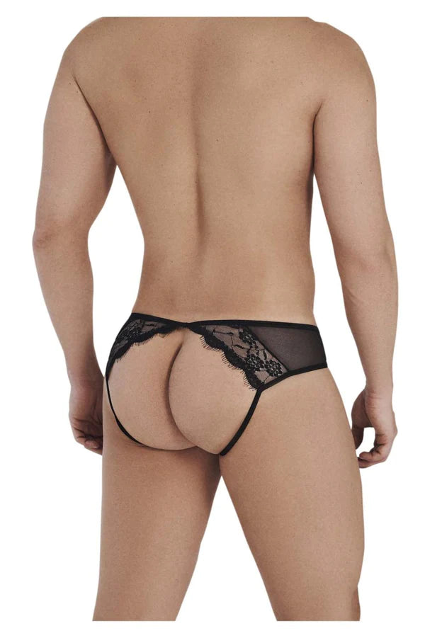 Black lace thong with sheer mesh and scalloped edge from candyman 99538 lace jockstrap collection