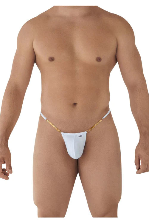 White thong with gold chain detailing shown from the back featuring the candyman 99586 chain g-string design