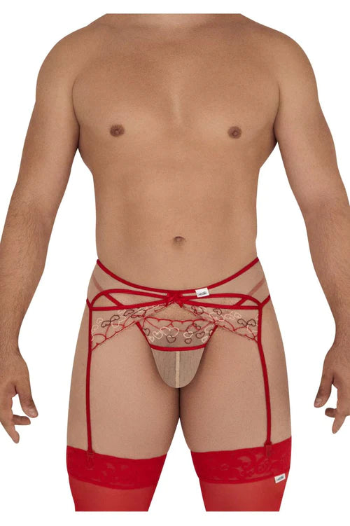 Red lace garter belt with sheer mesh and heart-patterned detailing in a sexy lingerie style