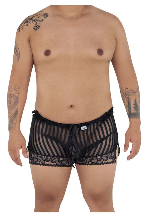 Black sheer striped lace-trimmed mens underwear with a drawstring waistband for style and comfort