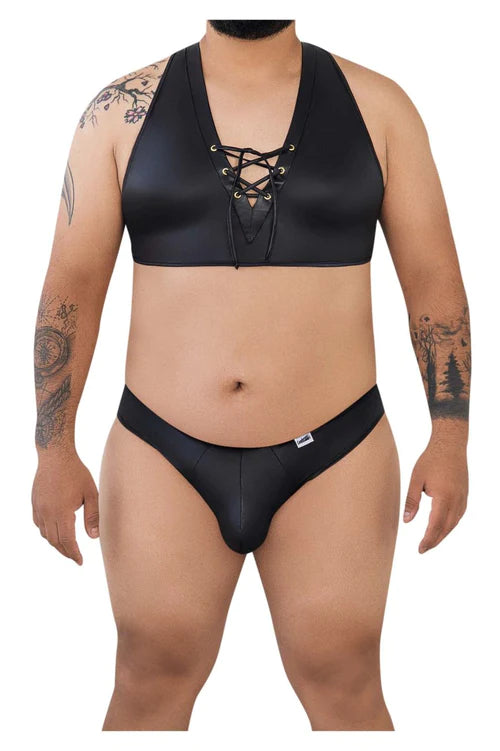 Black satin halter top with lace-up front and matching briefs candyMan 99628X two piece set