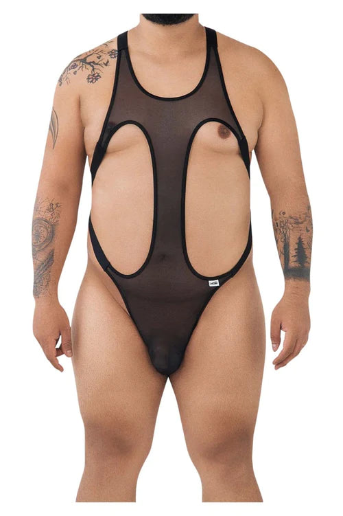 Black sheer mesh one-piece swimsuit with bold black trim and cutout design featured in the CandyMan 99643X bodysuit article