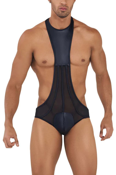 Black mesh and solid fabric one-piece swimsuit with halter neckline featured in exploring the trend gay bodysuits article