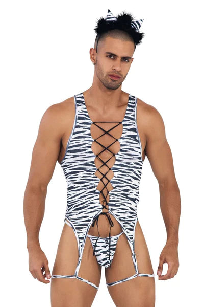 A black and white zebra-striped men’s costume one-piece with lace-up front silver trim and matching headpiece from Candyman Pride collection