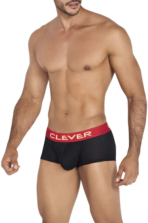 Black mesh briefs with a red waistband featuring clever branding offer sleek style and superior comfort