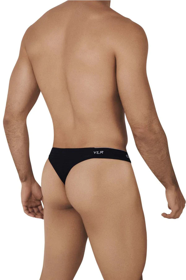 Black vlr brand thong with a smooth form-fitting design shown from the back in sleek and sexy pub thong style