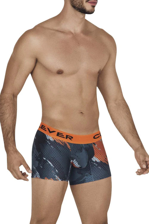 Men’s boxer briefs clever 0613-1 energy trunks in dark blue and orange snakeskin with orange ever waistband