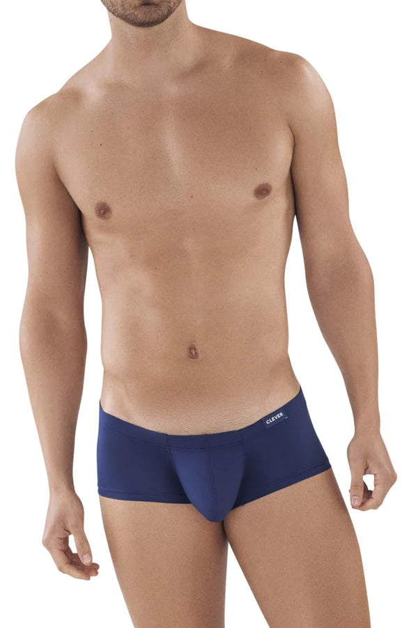 Navy blue cotton clever 0872 latin trunks with a subtle brand logo on the waistband front view