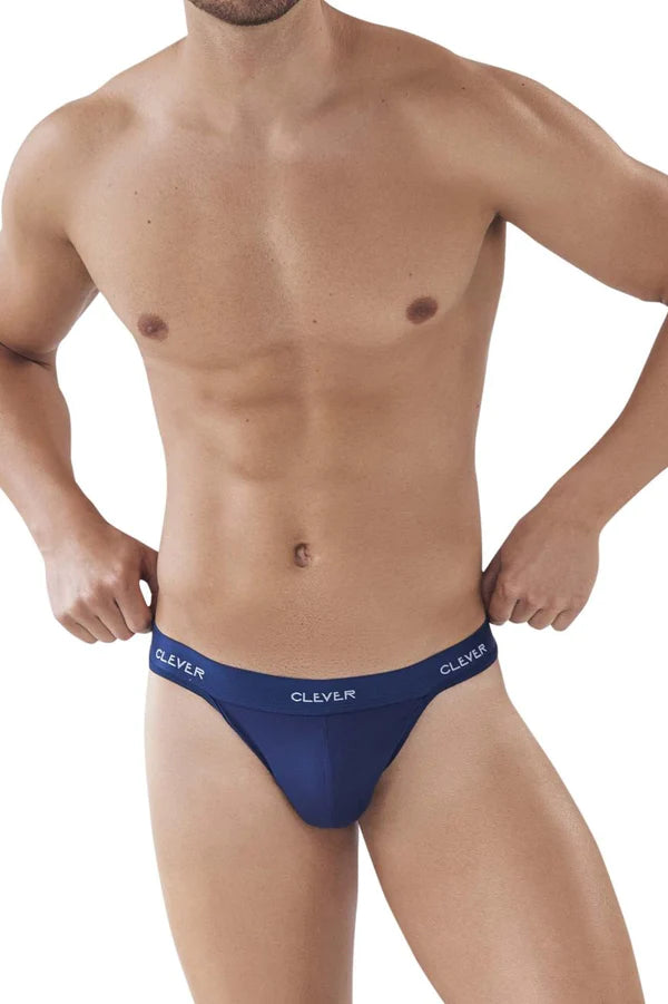 Deep blue clever 0877 venture thongs with matching elastic waistband featuring white brand name lettering
