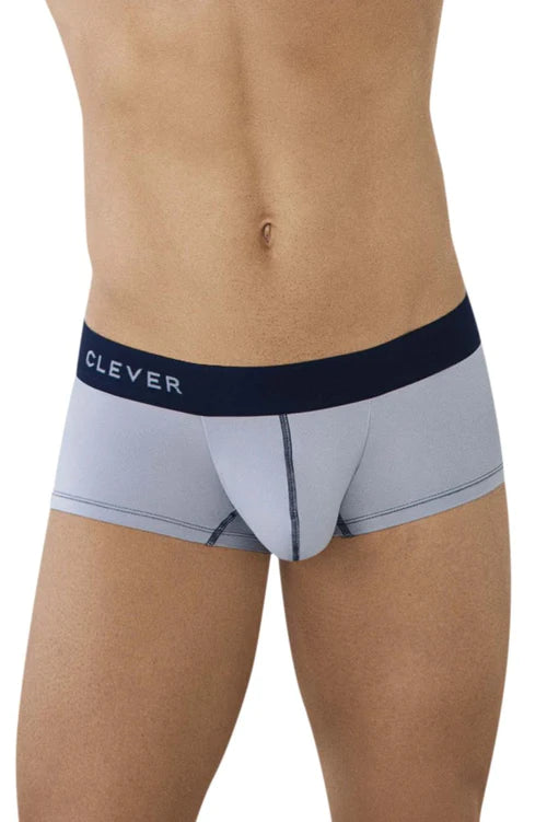 Light gray clever 0945 simple trunks with navy blue waistband featuring white clever logo for sleek stylish underwear.
