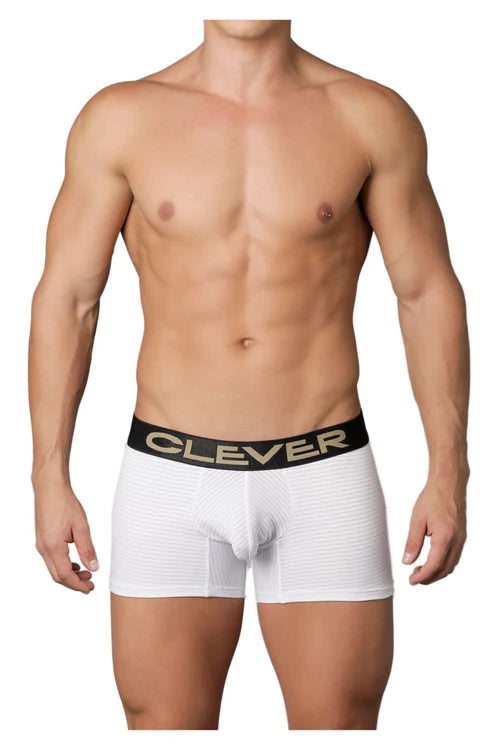Clever 2199 limited edition white boxer briefs with white stripes and black waistband featuring gold clever logo