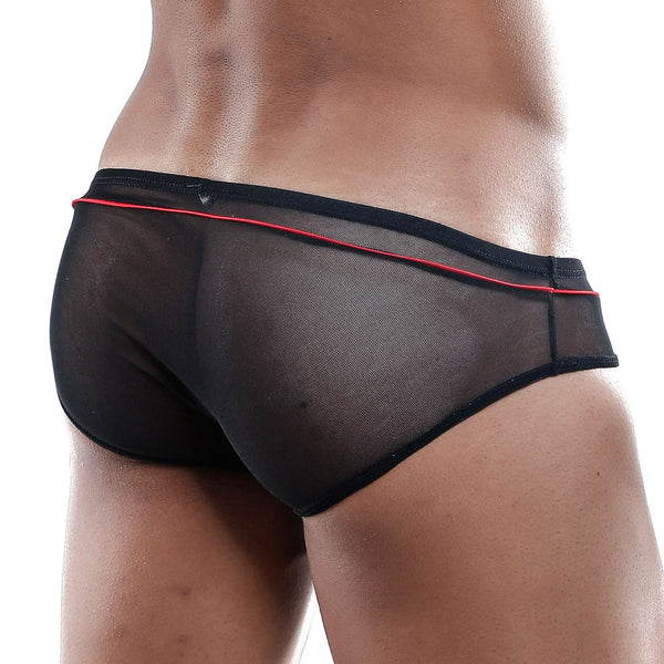 Black sheer mesh briefs with red trim waistband designed for comfort and style in cover male cmi021 bikini