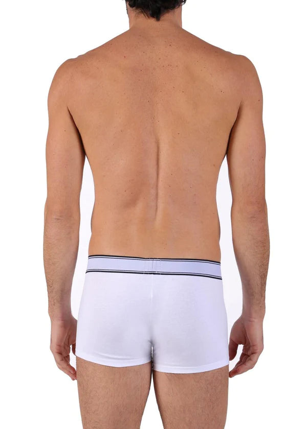 White boxer briefs with a light gray elastic waistband and two black stripes in diesel essential trunk underwear article