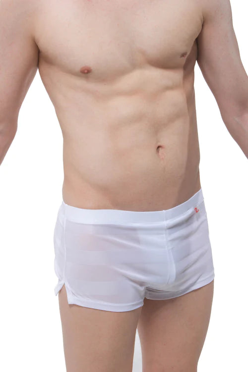 White sheer mesh briefs with subtle stripes and a small red logo on the waistband from PetitQ shorts mesh stripe jock white