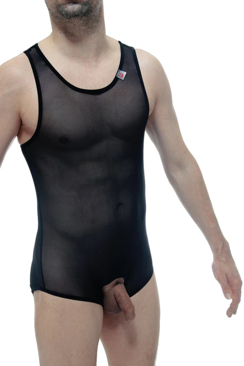 Black sheer mesh tank top with black trim and small red logo on upper left chest featured in petitq body jockstrap net article