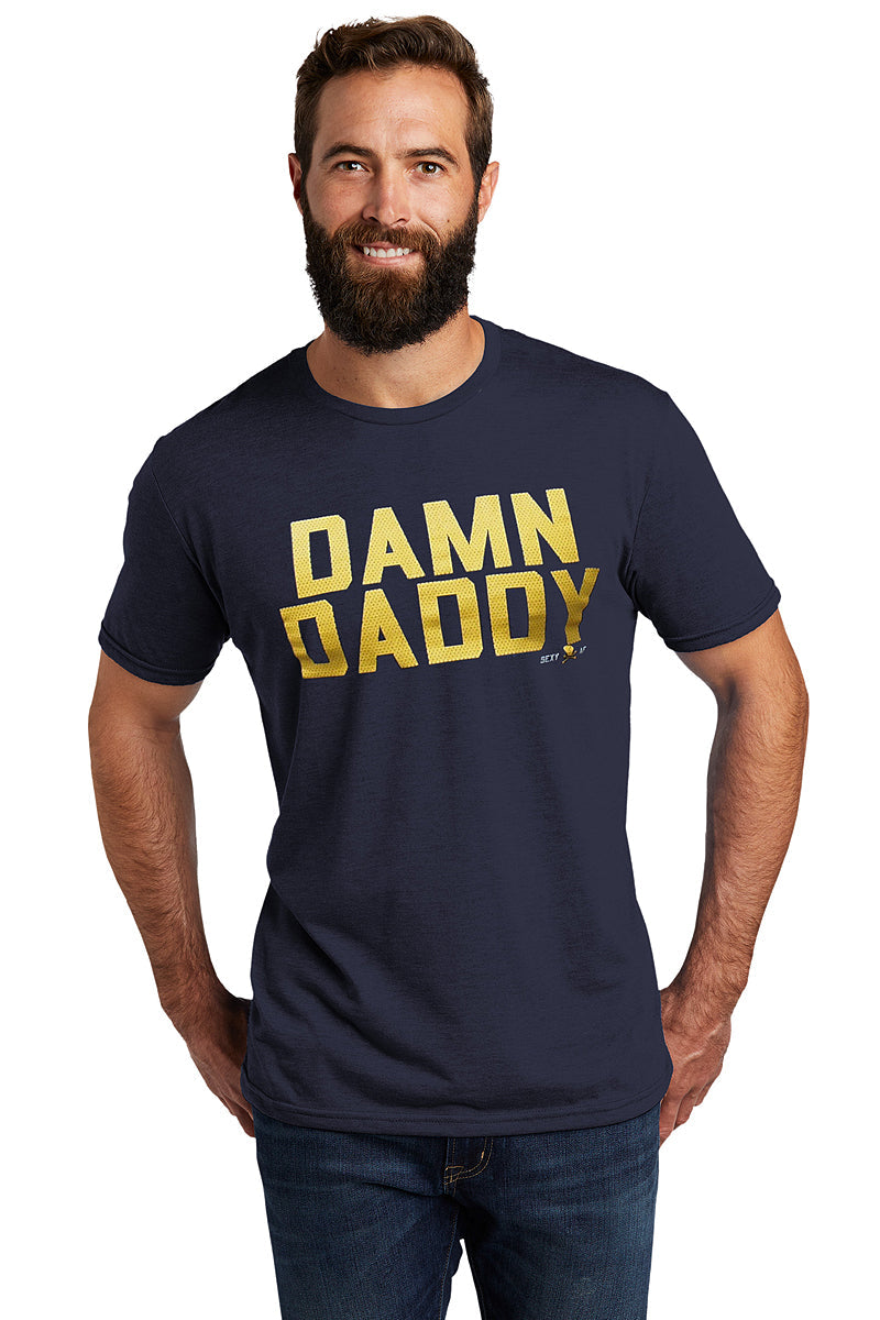 Navy blue cotton t-shirt with bold gold foil damn daddy text from ajaxx63 queer-owned lgbtq+ apparel for bold men