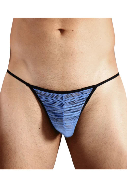 Light blue mesh g-string thong with black trim by Doreanse designed as a sexy and daring boudoir piece.