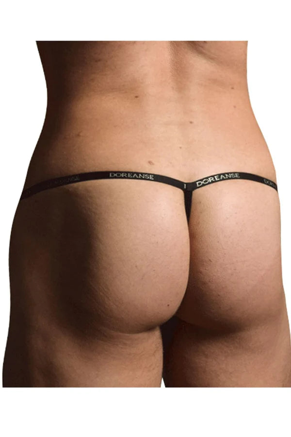 Black doreanse 1330-blk ribbed modal T-thong with white waistband branding shown from the back side