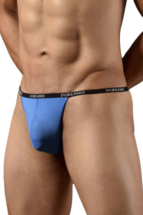 Blue doreanse 1390-blu aire briefs with black elastic waistband featuring white brand name lettering in cobalt blue