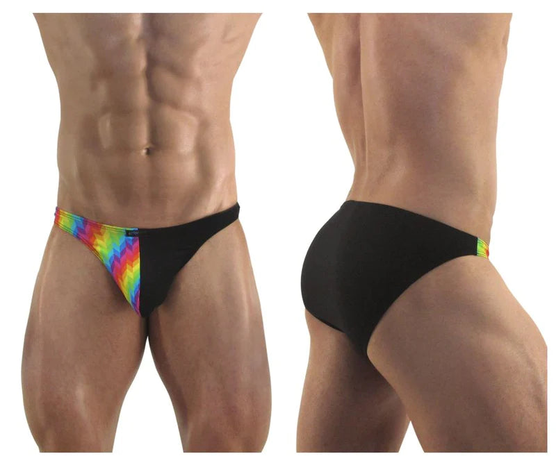 Black and rainbow tie-dye swim trunks with a bold colorful pattern on the left side by ergowear