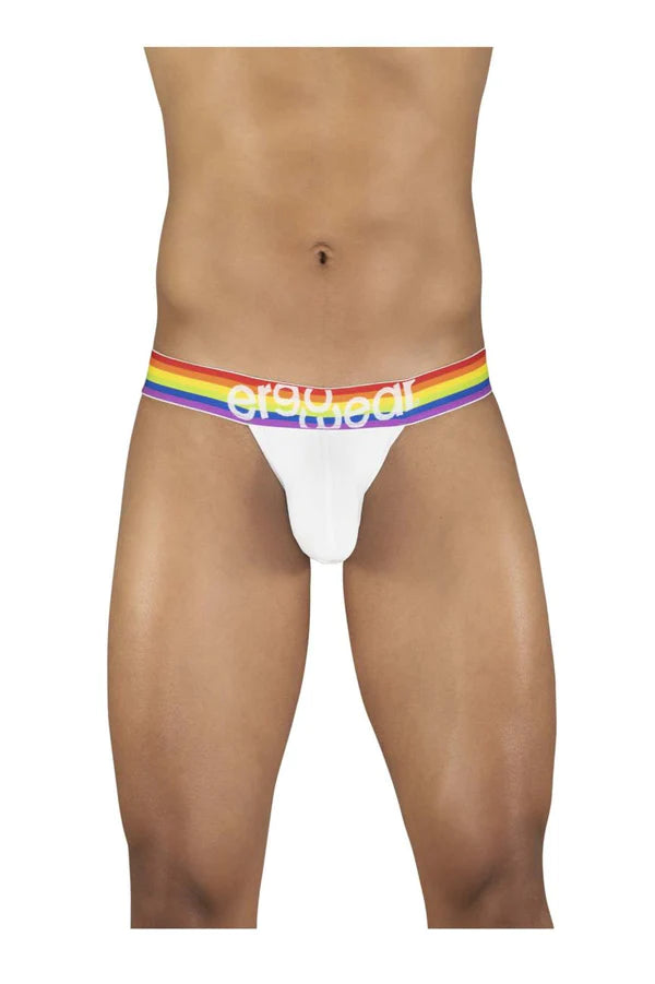 White briefs with a rainbow-colored waistband featuring the eroticwear logo in white lettering for pride wear