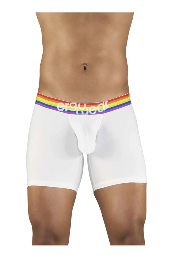 White men’s boxer briefs with a rainbow striped ergq waistband from ergowear ew1117 max xv pride trunks color white