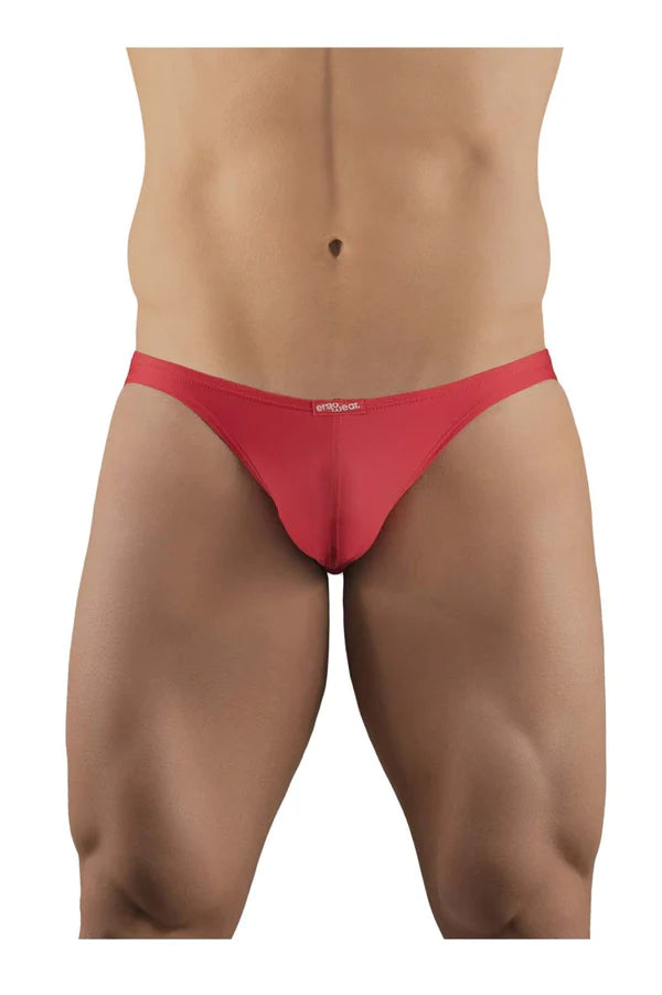 Red men’s thong ergo wear ew1234 x4d bikini in smooth form-fitting fabric with small brand logo on waistband