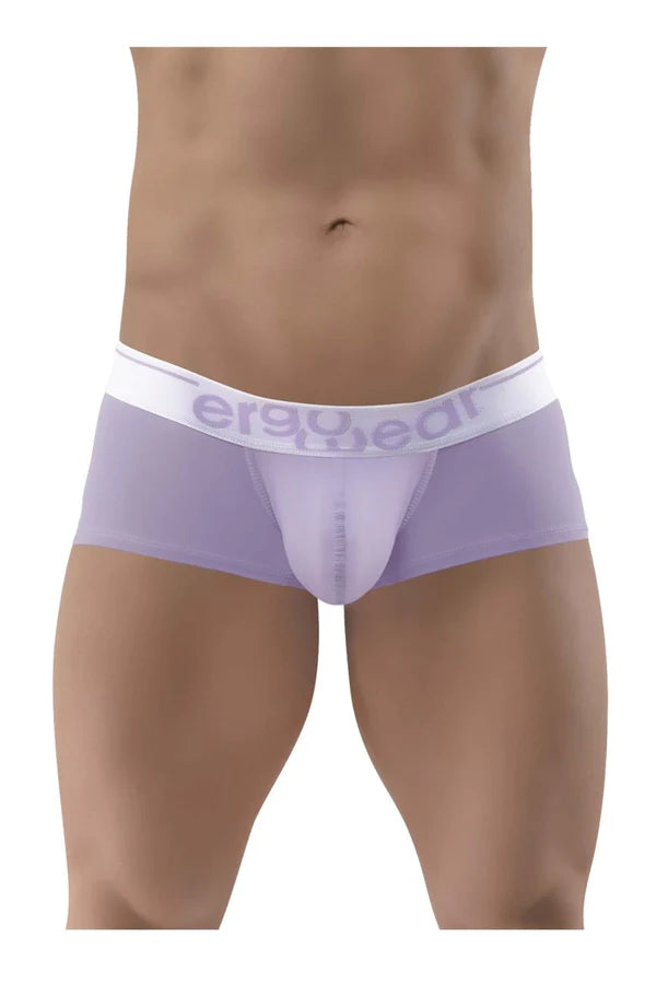 Lavender sheer men’s briefs with white elastic ergowear waistband designed for comfort and style in lilac color