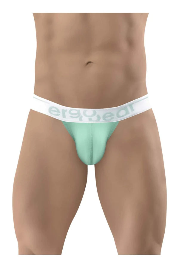 Mint green ergowear briefs with a white elastic waistband branded ergowear in gray lettering for style and comfort.