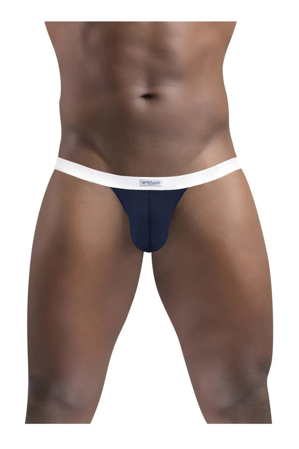 Navy blue ergo wear ew1380 slk bikini briefs with white elastic waistband featuring trend branding in black text