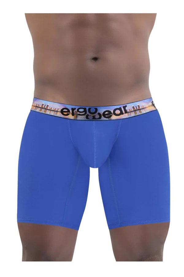 Blue ergonomic boxer briefs by ergowear with printed waistband featuring logo and cityscape design front view