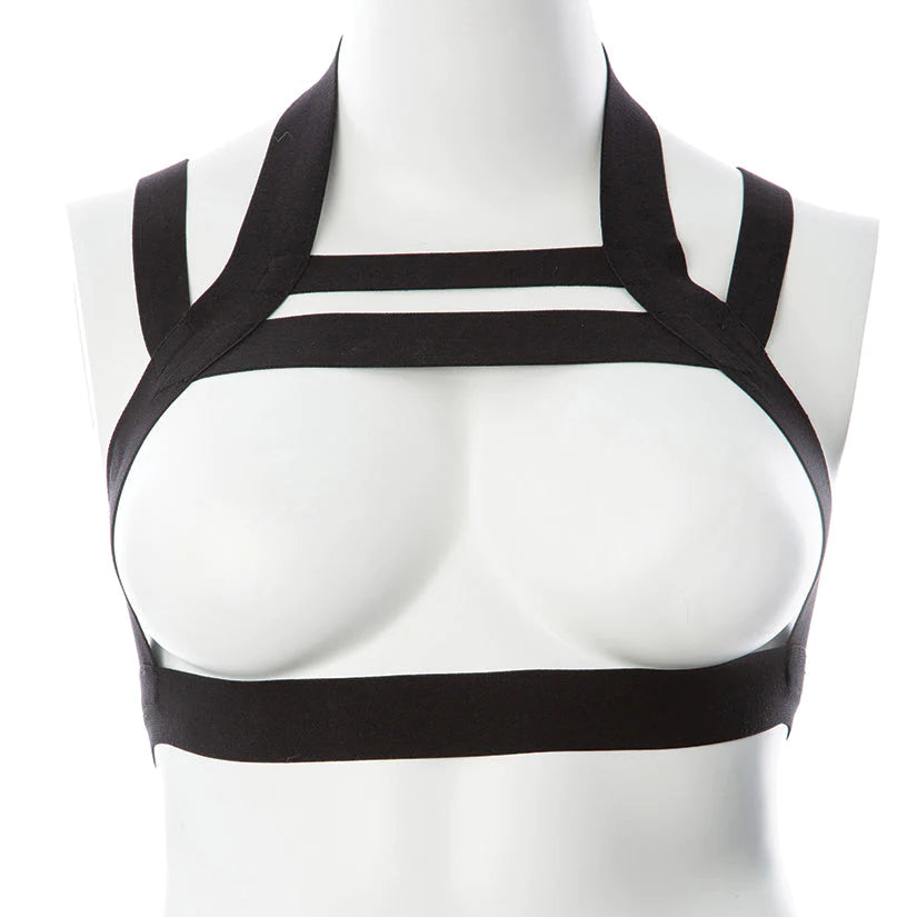 Black strap halter top with minimalist geometric design featured in the gender fluid majesty harness multi band black l-xxl article