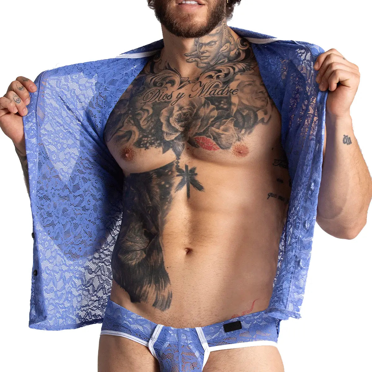 Blue lace mesh shirt with intricate floral and portrait patterns featured in the ultimate guide to gay lingerie.