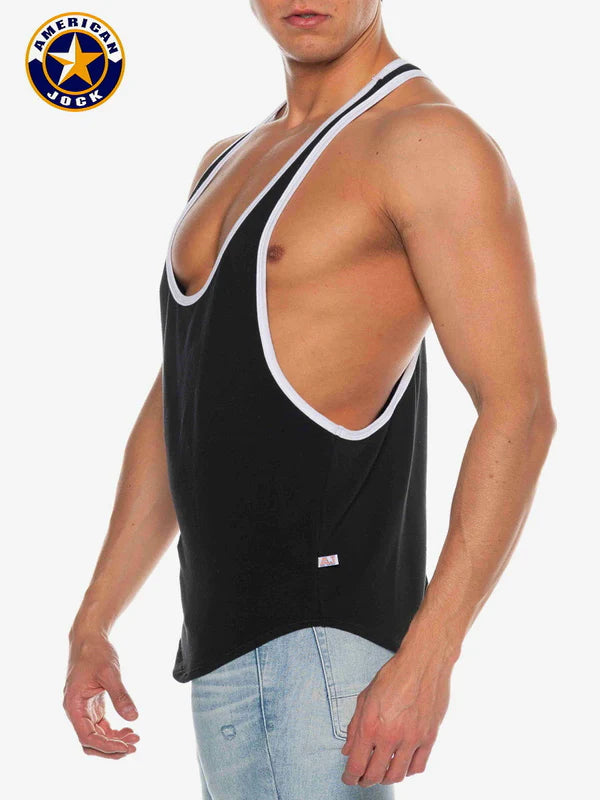 A black american jock tank top with white trim and deep scoop neckline perfect for bodybuilding workouts.