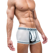 White mesh boxer briefs with navy blue stripes and black inner pouch by gostoso in fashion forward mans playbook guide