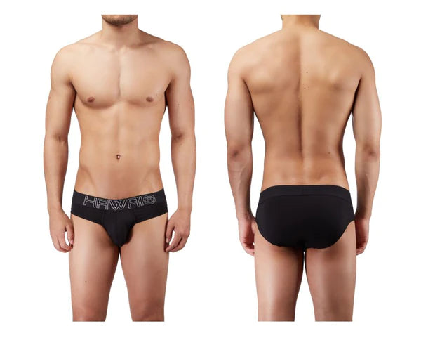 Black hawai 41945 briefs featuring a subtle white hawk logo on the waistband for a sleek and stylish look