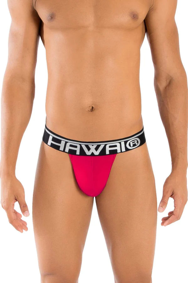 Bright pink Hawaiian brand men’s briefs with black waistband and white lettering in solid red color style